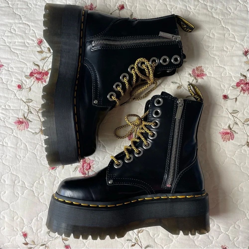 Dr. Martens Black Leather Platform Combat Boots with Yellow Accents - Picture 4 of 13